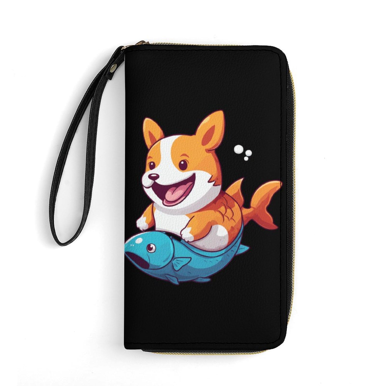 Funny Corgi Mermaid Long Wallets PU Leather Bifold Wallet Portable Card Holder Purse with Hand Strap