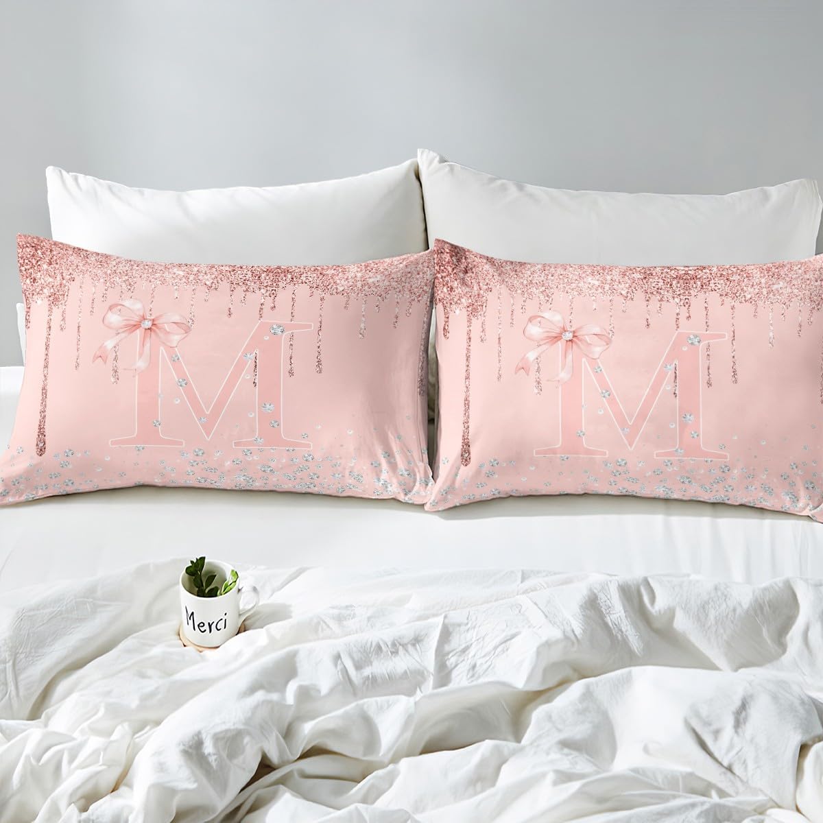 jejeloiu Pink Rose Gold Duvet Cover Kids Boys Girls,Toddler,Pink Bow Bedding Set,Personalized Letter M Comforter Cover,Glitter Diamond Pattern Bedspread Cover,No Comforter,Monogrammed