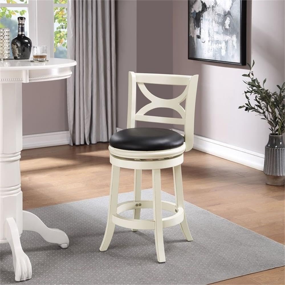 BOWERY HILL 25.75" Farmhouse Swivel Counter Stool, Solid Hardwood Frame, Faux Leather Seat, Buttermilk and Black Finish, 360-Degree Swivel, Foam Cushion, Residential Use, Kitchen or Bar Seating
