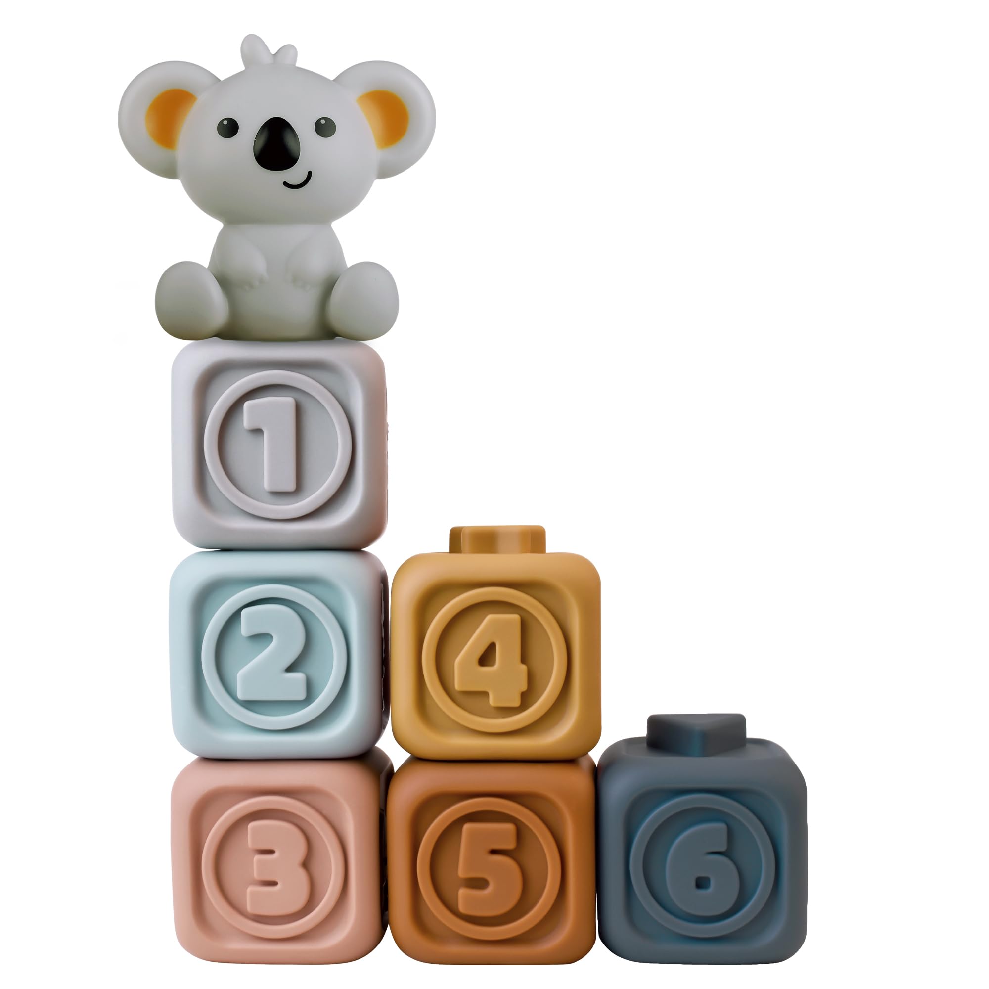 Kyoot 7pcs Silicone Baby Building Blocks Stacking Nesting BPA-Free Teething Toy Educational Montessori Sensory Early Learning Play Toys for babies | Pastel Scandi | Eco-Friendly | Koala