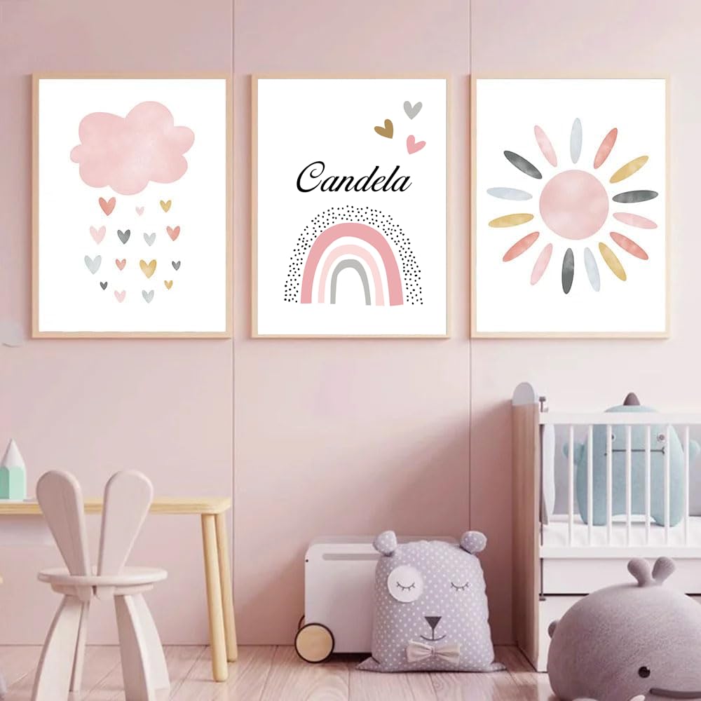 3 Laminas Personalizadas Infantiles Poster Nombre Bebe Cuadro Bohemio Arcoiris Nube Sol Decoracion Habitacion Niña Regalo 30x40 cm sin Marco