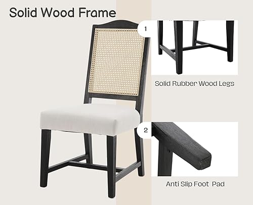 Miniatura 6 de EALSON Juego de 2 sillas de comedor de ratán tapizadas de lino con respaldo de bastón, sillas de cocina modernas de mediados de siglo, sillas