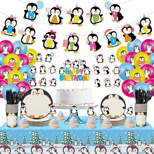 Yaomiao 133 Pcs Penguin Party Decorations Include Happy Penguin Birthday Banner Balloons Cake Topper Tablecloth Paper Plates Cups Cutlery for Baby Shower Party Supplies(Cute) by Yaomiao - Used condition - US$14.11