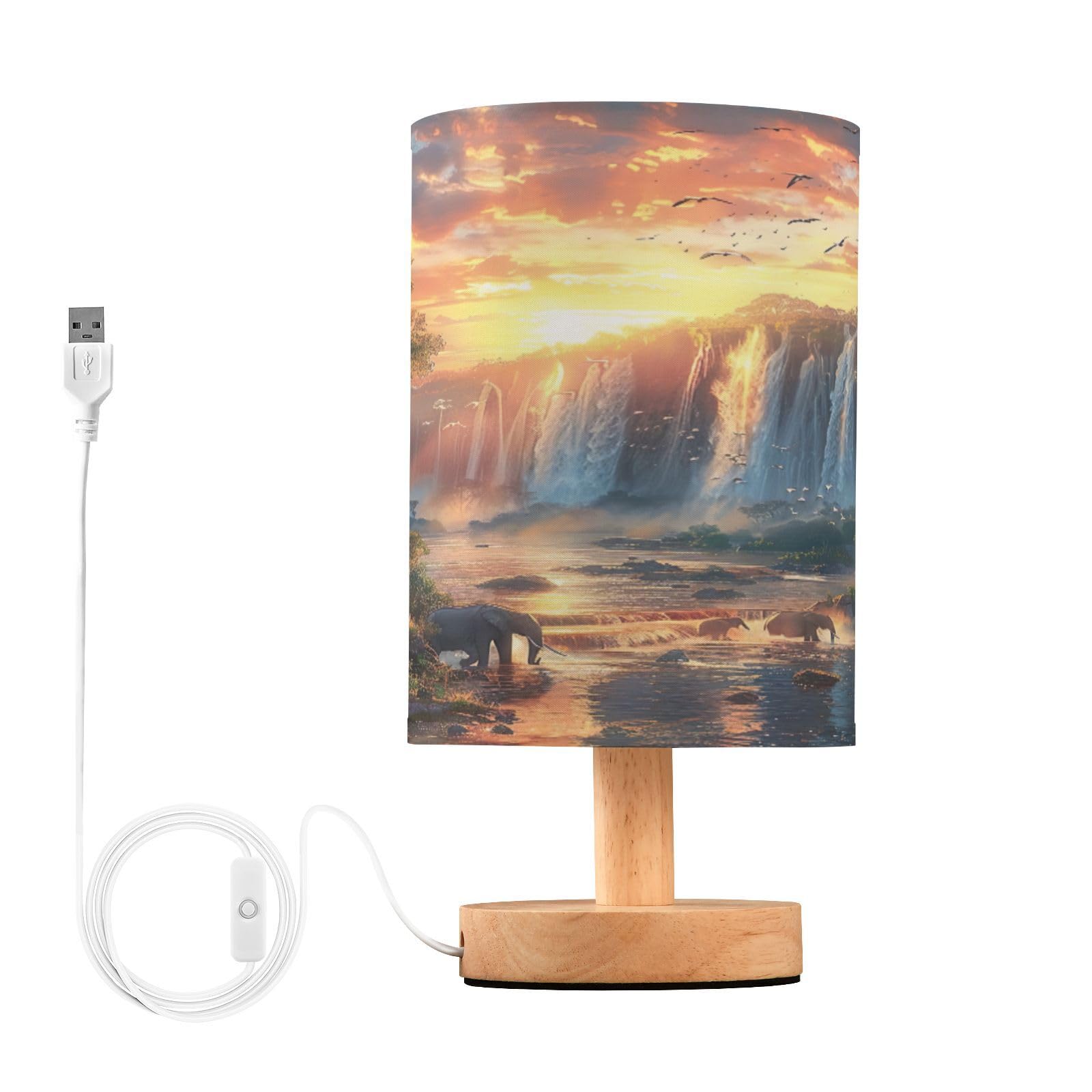 xigua African Savannah Landscape Bedside Table Lamp, Nightstand Lamp with Linen Fabric Shade - Wooden LED Desk Lamps for Bedrooms, Study Room, Home, College Dorm, Office