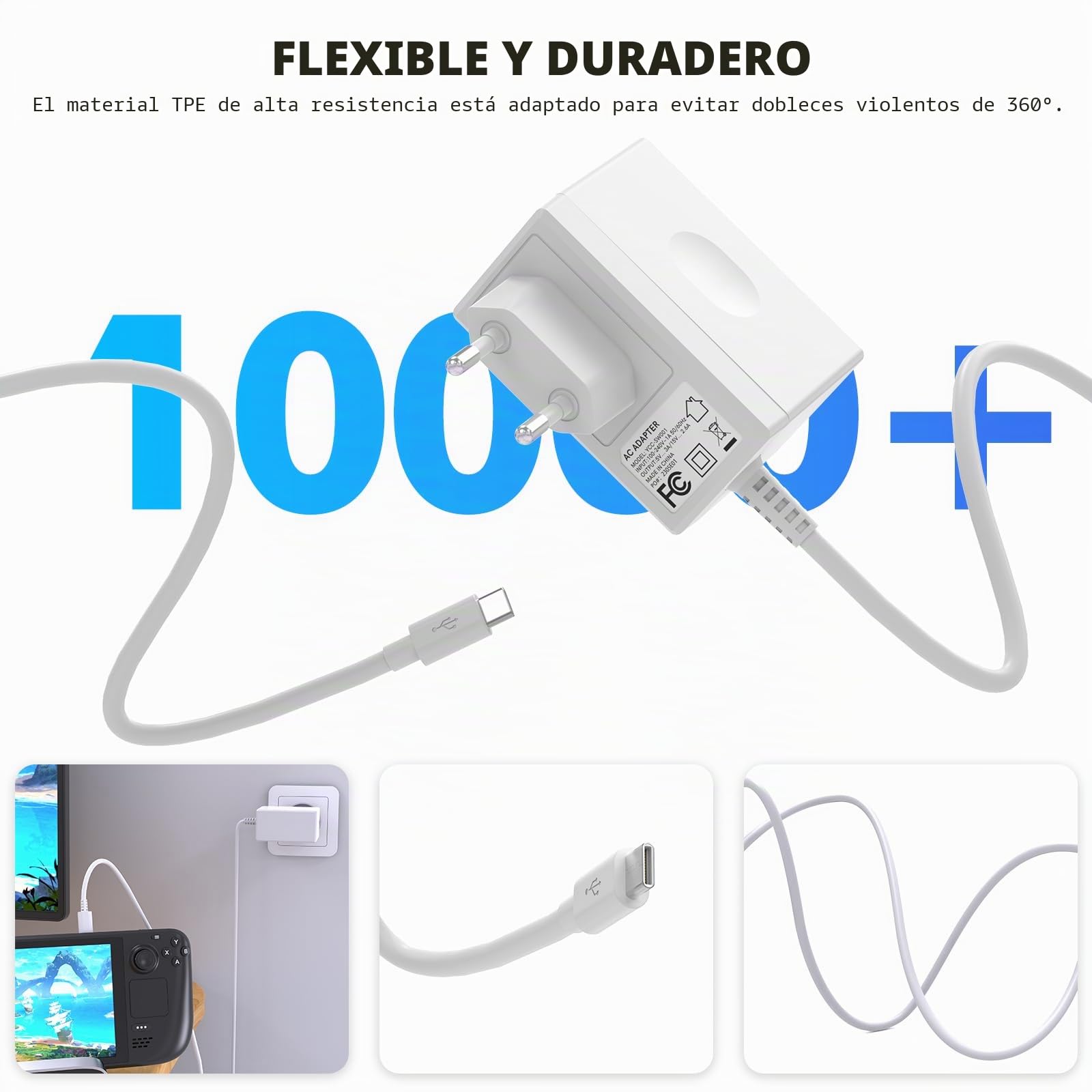 Cargador para Nintendo Switch Console Adaptador de Corriente para Nintendo Switch/Switch OLED/Lite, Modo TV 15 V/2,6 A de Carga rápida con Cable de 1,5 m/5 ft (Blanco)