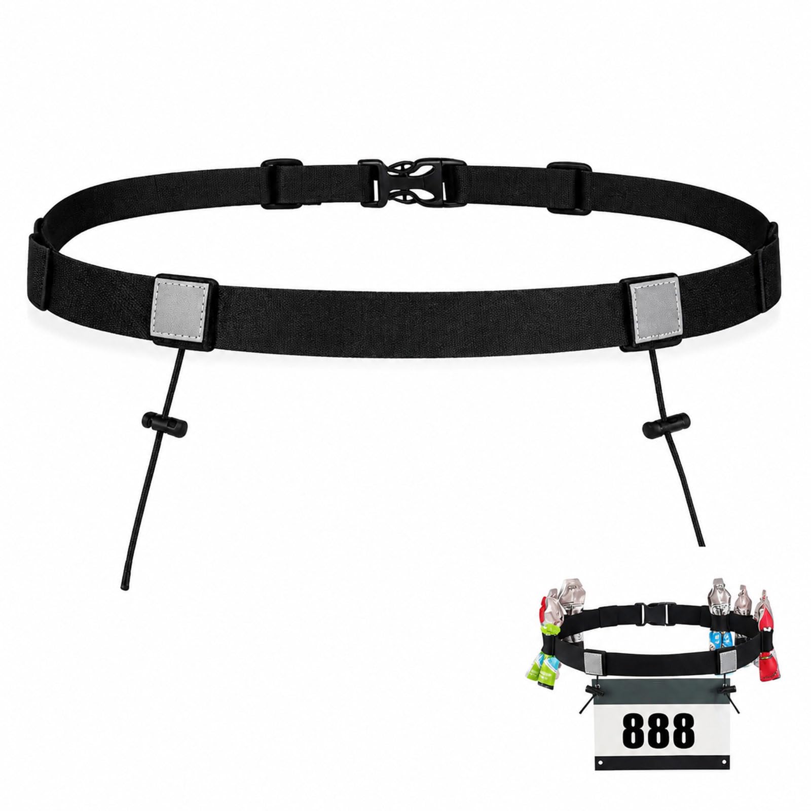 Black Adjustable Race Number Belt 6 Energy Gel Loops Non-Slip Bib Holder