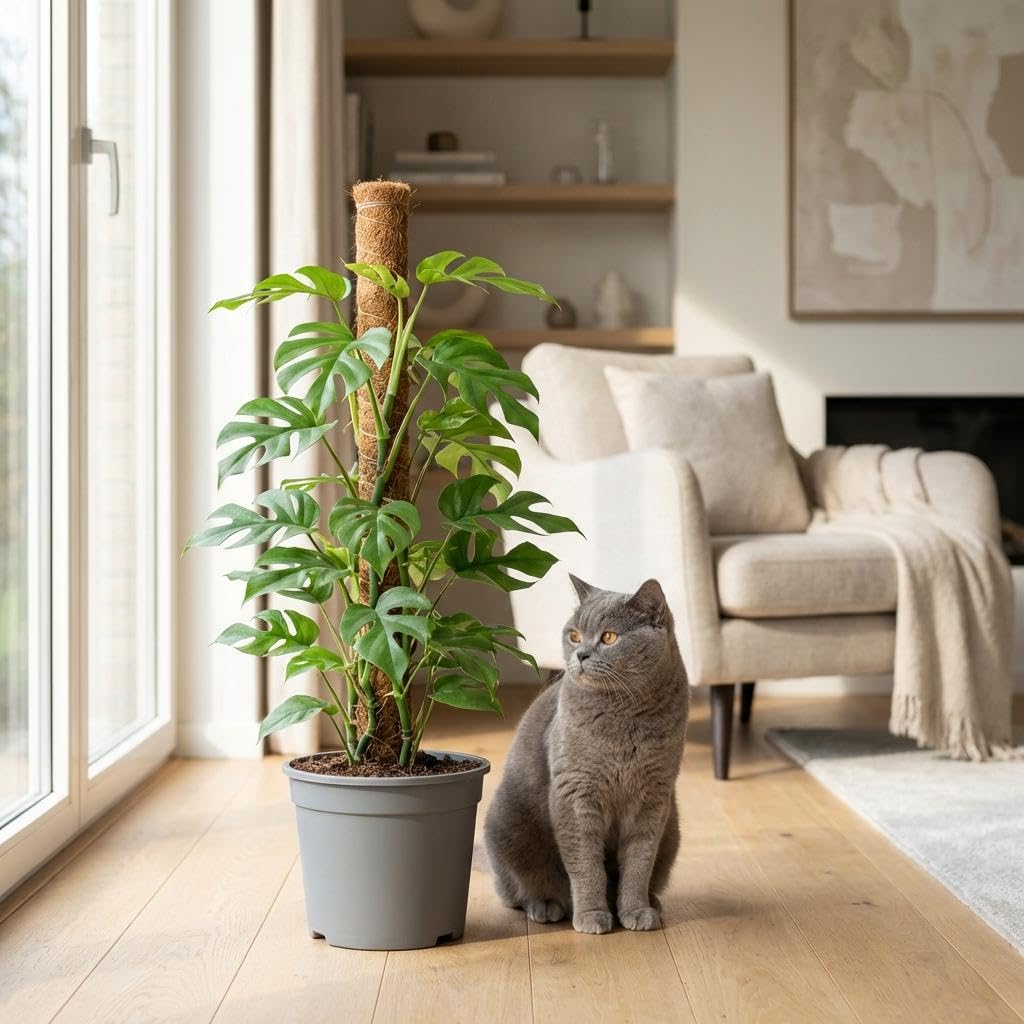 Green boutiQ - Zimmerpflanze - Mini-Fensterblatt - Monstera Minima Moosstab - Grün - Pflegeleicht - 1 Pflanze - mit Potter Grau - Topf 19cm - Höhe 90cm