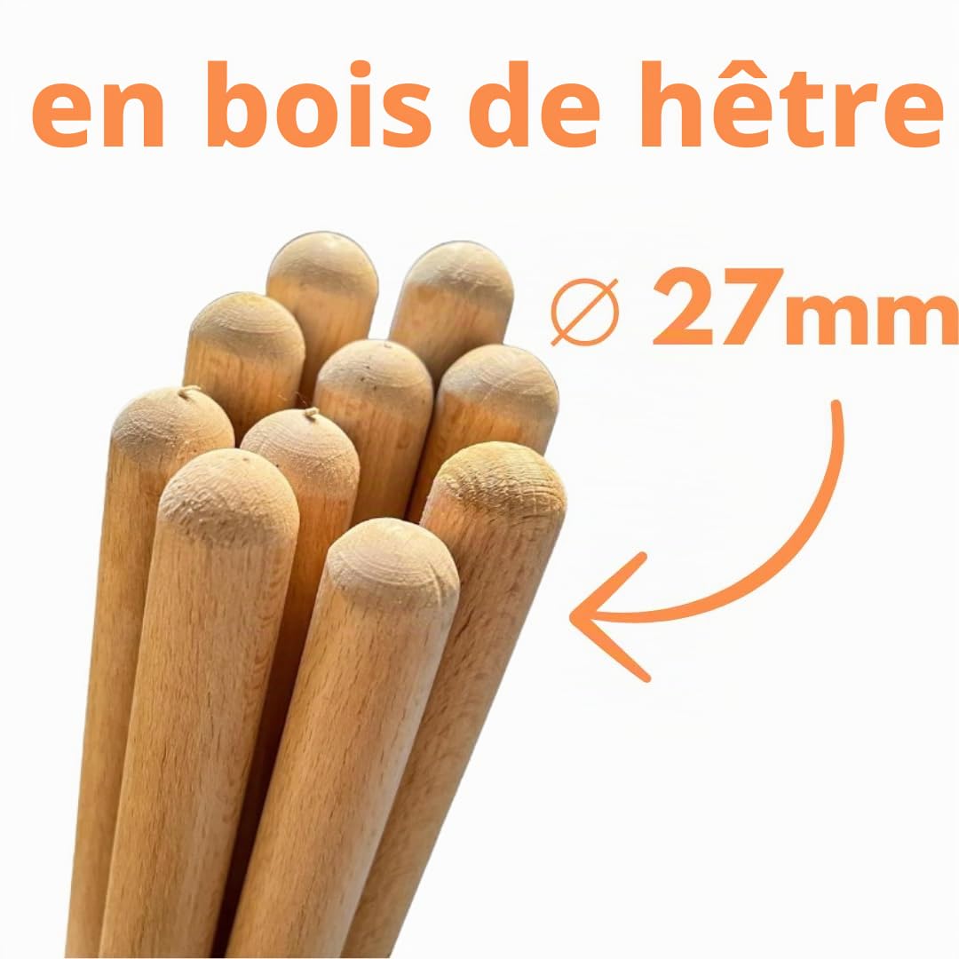 Lot de 10 manches de rechange en bois de hêtre, 170 cm, manche en bois de hêtre, manche Ø 27 mm, manches en bois pour outils de jardin, hachoirs de jardin