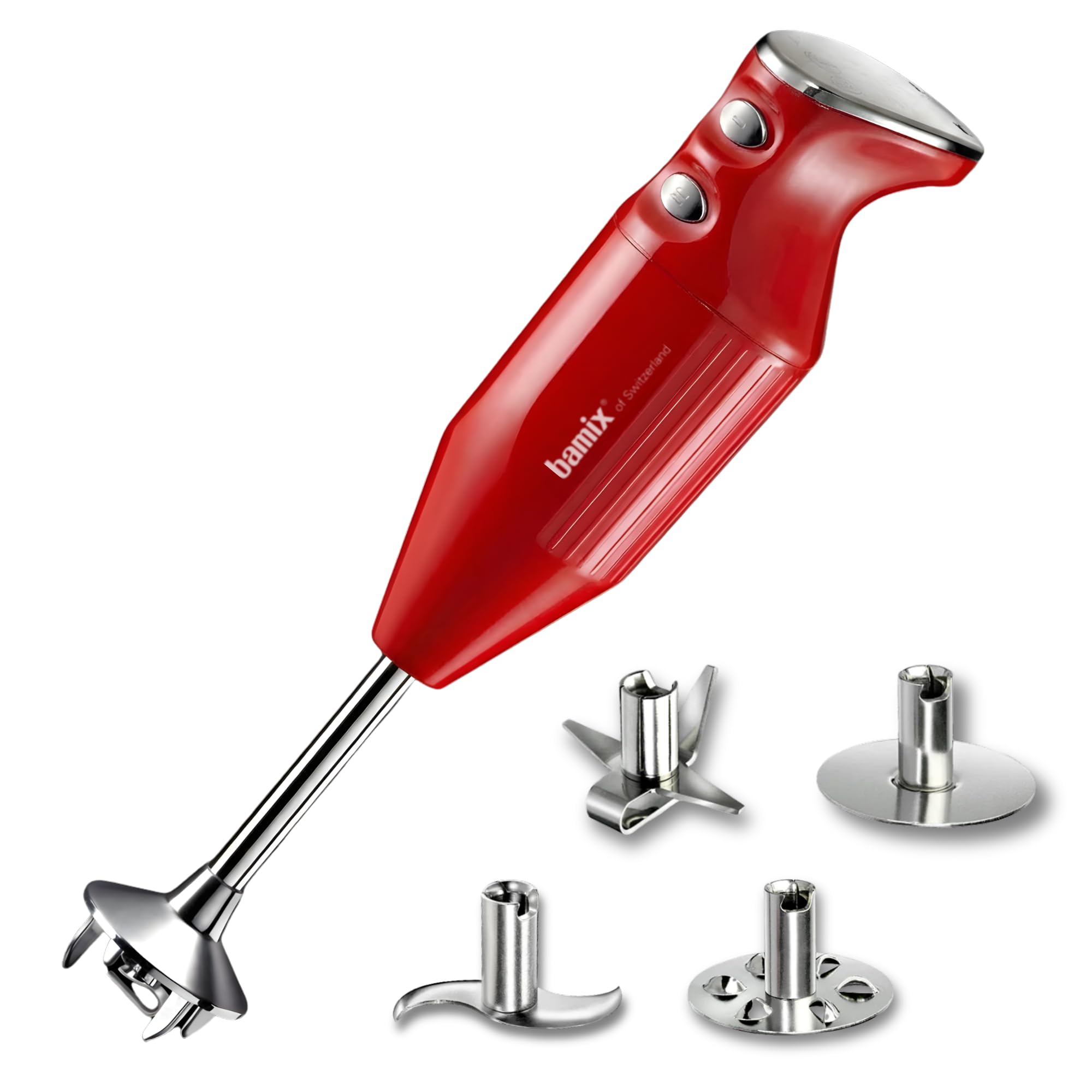 Set de batidora de mano bamix M350 MAXX con cuchillas multifunción, carne y verduras, batidor y disco para montar de acero inoxidable, 300W, 2 velocidades, fabricado en Suiza, rojo/cromo