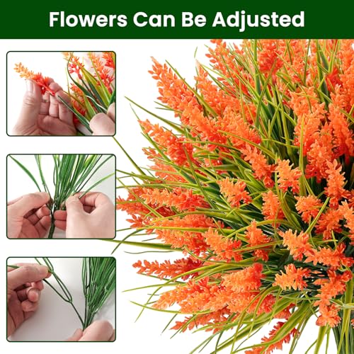 20 Bundles Artificial Plants Outdoor, UV Resistant Fake Flowers, Realistic Faux Lavender Shrubs for Porch Garden Window Box Home Decoration (Orange)