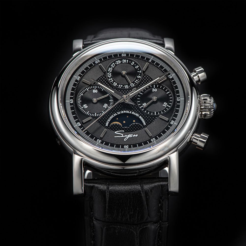 Seestern Sugess ST1908 Mechaniczny chronograf ze stali nierdzewnej czarny szafir data zegarek męski, Czarny, pasek