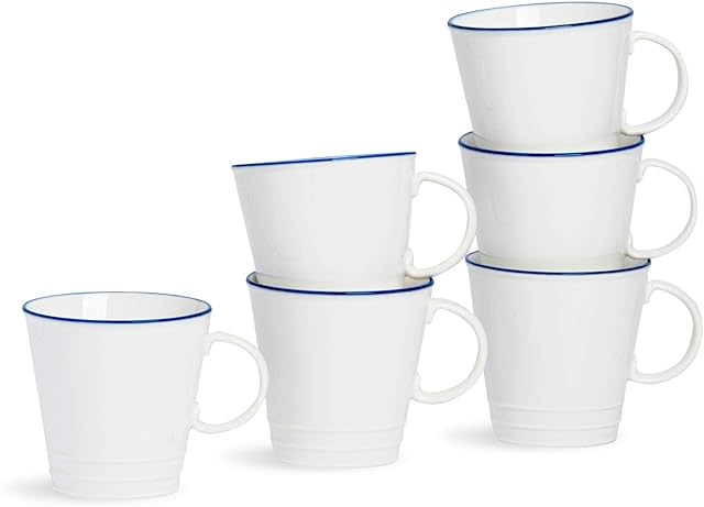Nicola Spring 6x 305ml Country Farmhouse White Coffee Mug Set with Blue Rims - Large Porcelain Latte Coffee Cups Set - Microwave and Dishwasher Safe