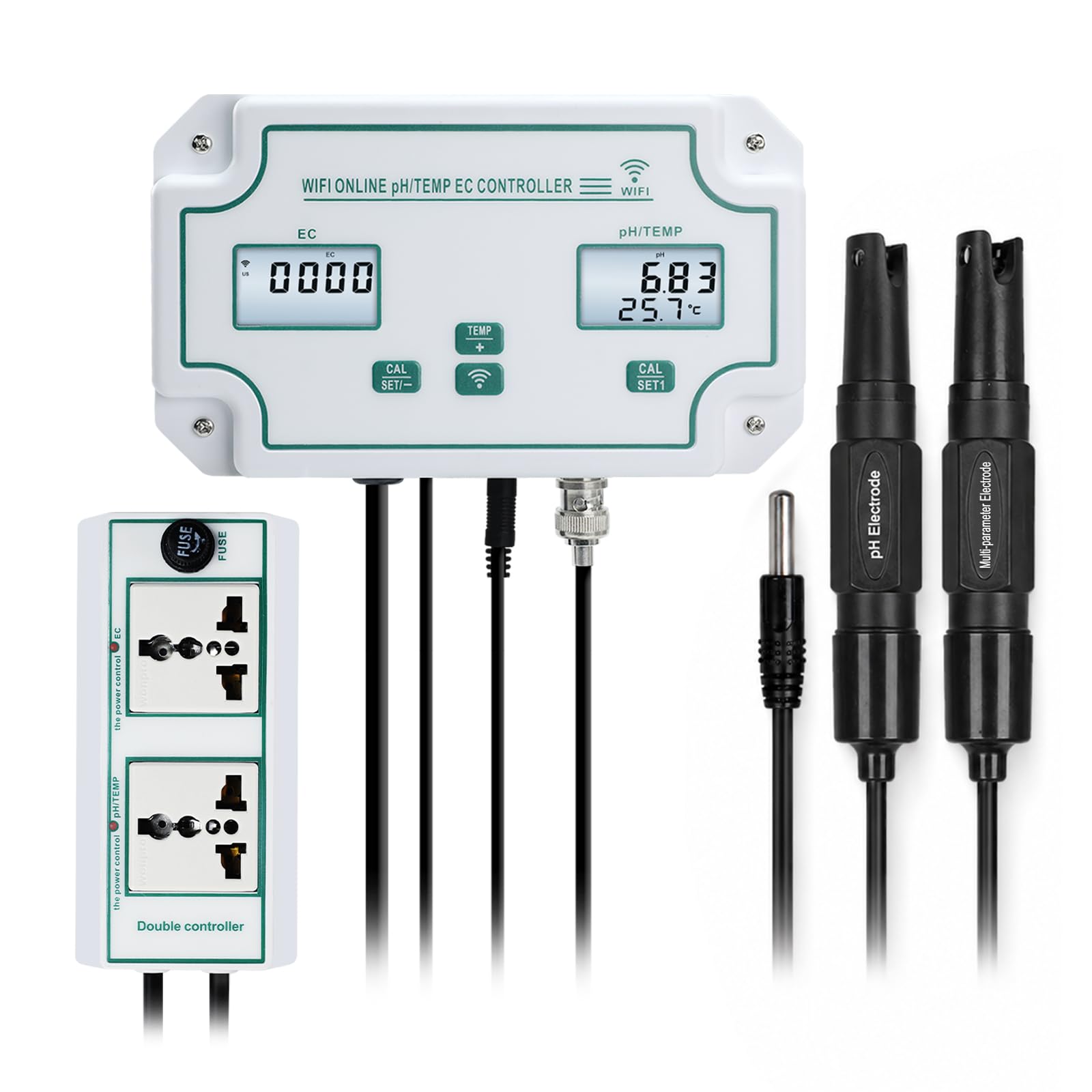 Testeur de Qualité d'Eau Intelligent WiFi 3-en-1 pH EC Temp Moniteur | Surveillance mobile en direct, historique des données, réglages d'alarme, capteurs de précision, fixation murale, ATC