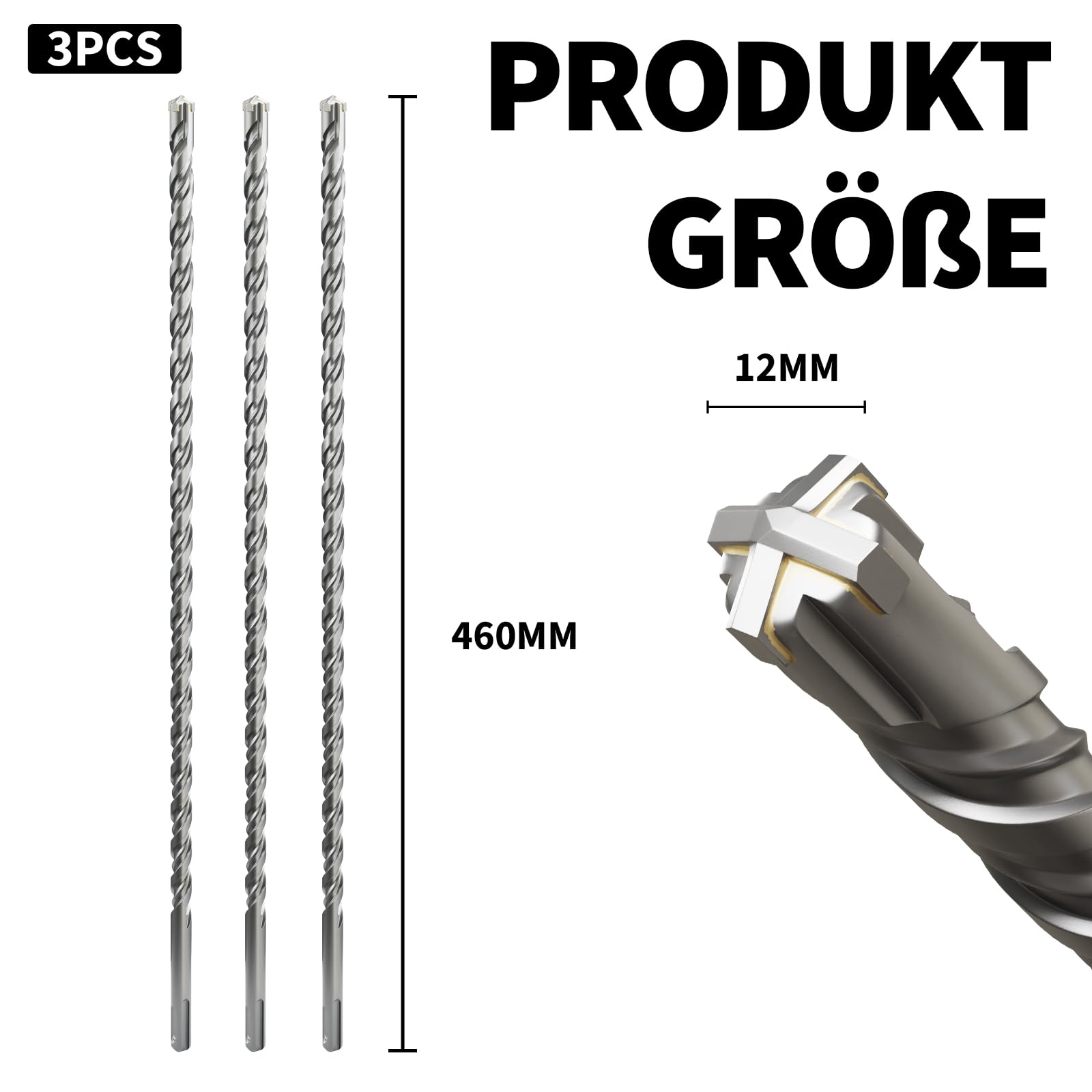 Lot de 3 forets SDS Plus - 12 mm x 460 mm - Coupe réversible professionnelle en carbure pour béton, maçonnerie et pierre - Durable et puissant