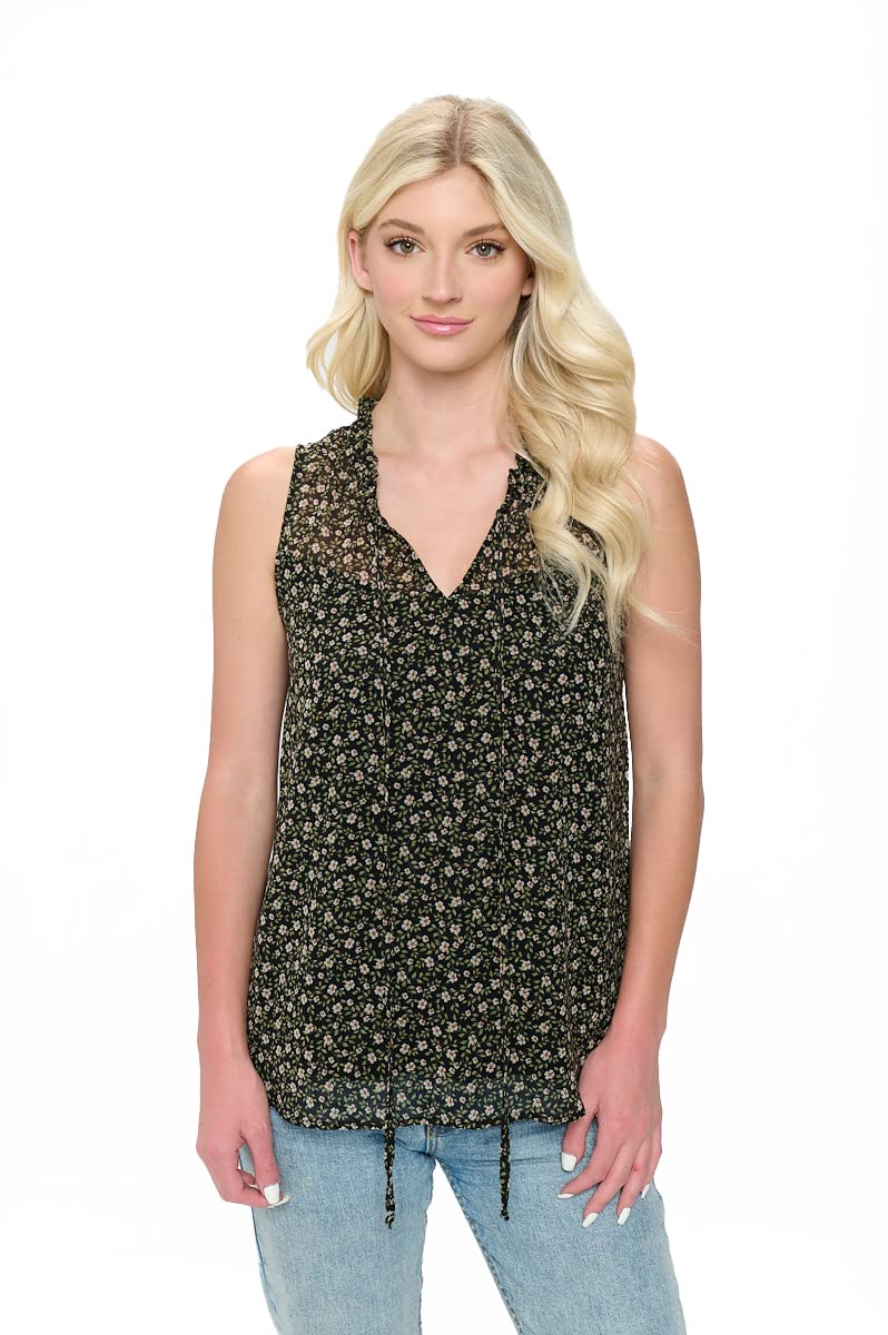 Womens Sleeveless Chiffon Blouse with Ruffle Neckline, Feminine Style for Casual or Work Wear