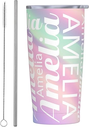 Vaso personalizado con nombre personalizado de acero inoxidable aislado al vacío, taza de café taza de viaje de 20 onzas con tapa y popote