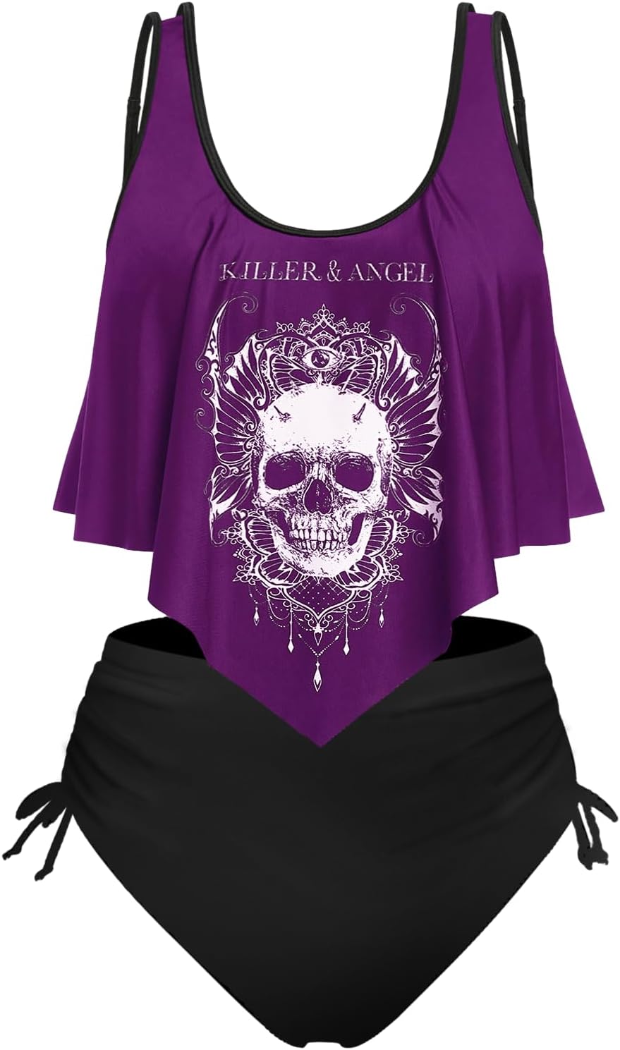 Rosegal Womens Plus Size Curve Gothic Skull Print Ruffled Overlay Tankini Swimwear Set