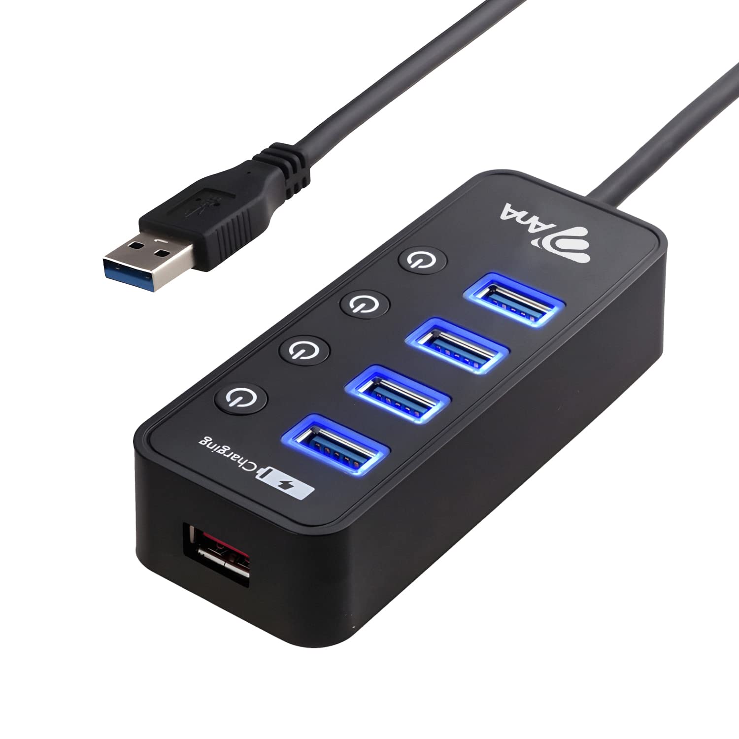 AnA USB 3.0 4-in1 Hub Splitter, Ultra Slim 4 Port USB Extension With Independent On/Off Switch Portable USB Adapter for Ultrabooks, Notebooks, Tablets iMac Pro, MacBook, Notebook PC and More, Black