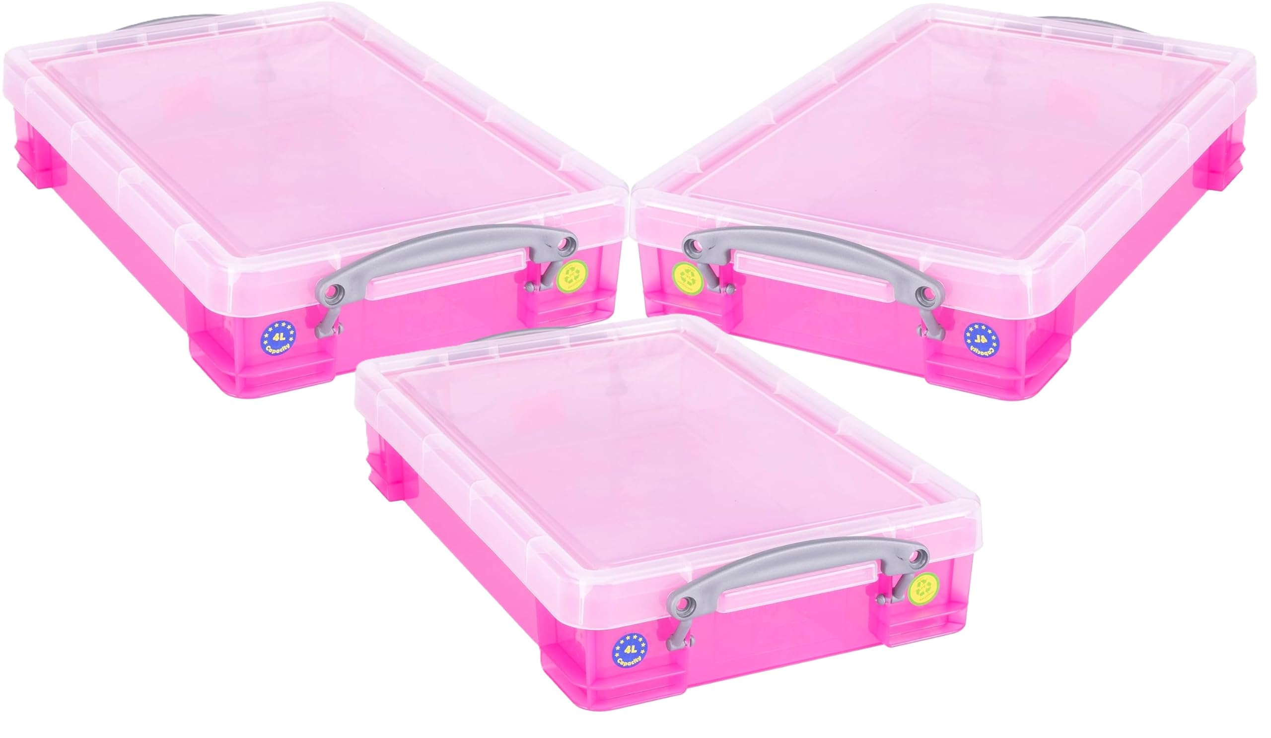 Really Useful Plastic Storage Box 4 Litre Transparent Pink Pack of 3