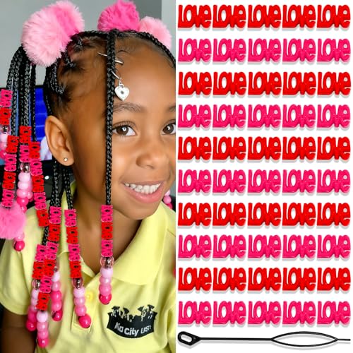 Image of VENOFEN 50PCS Love-Shape Hair Beads for Braids Red Pink Acrylic Dreadlock Tube Bead Cute Loc Beads for Kids Girls Valentine