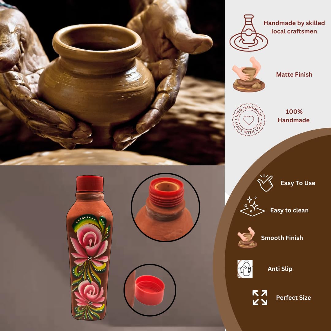 Botella de agua de arcilla roja con tapa, terracota hecha a mano, a prueba de fugas y naturalmente refrescante, botella ecológica con estampado de flores para agua potable (1000 ml