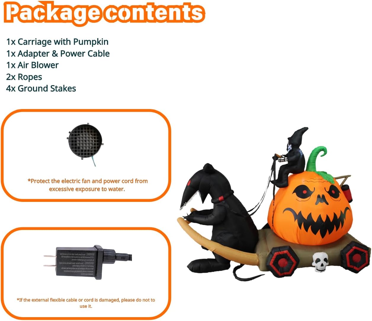 PTS 9FT Inflatable Pumpkin with Carriage Outdoor Decoration, Halloween Blow Up Yard Decorations, Built-in LED Lights Inflatables Spooky Holiday Funny Decor for Indoor Lawn Garden