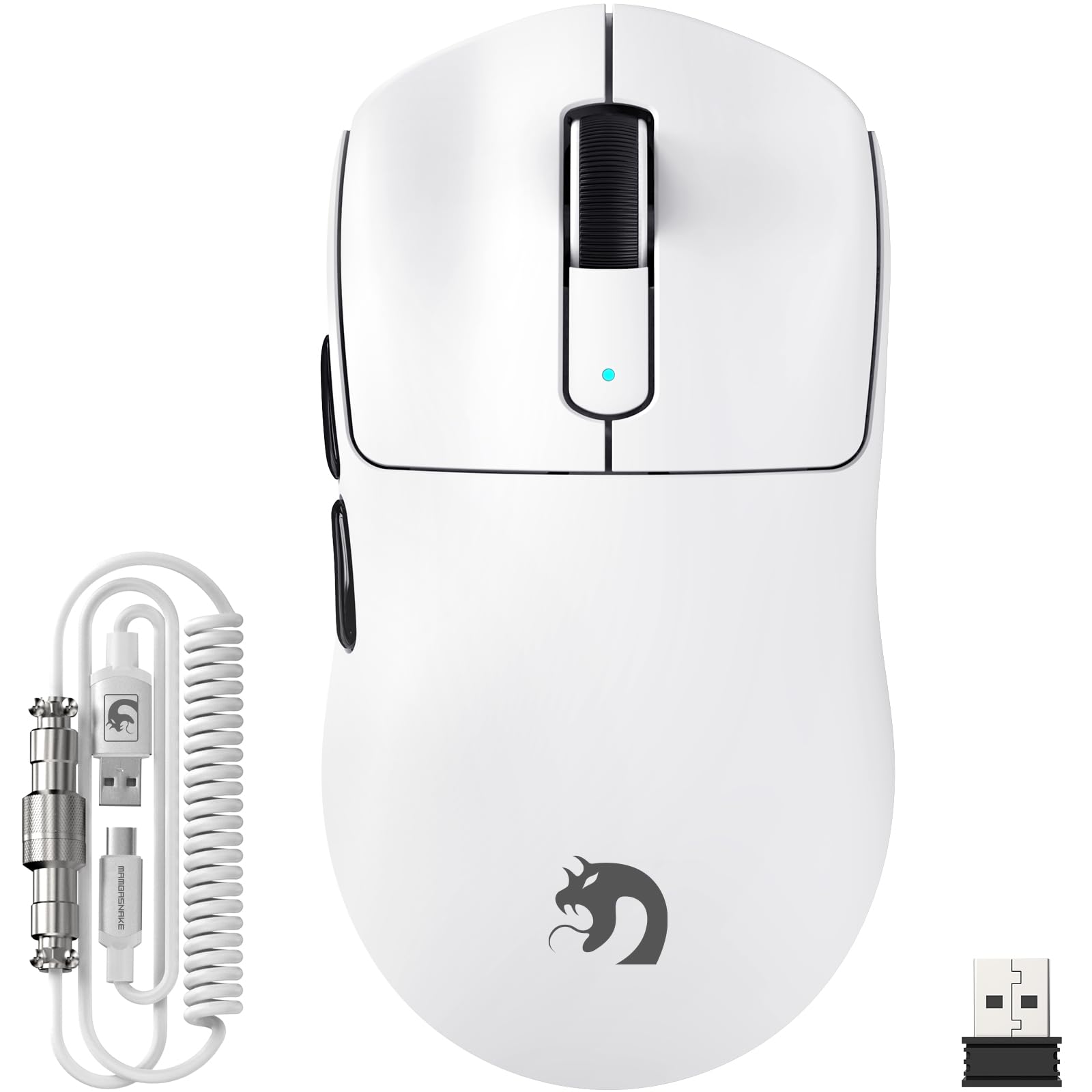 MAMBASNAKE M3 39g SUPERLIGHT Ratón Inalámbrico para Juegos con Cable en Espiral, Sensor PixArt PAW3395PRO, Hasta 40,000DPI, Bluetooth/2,4Ghz Wireless/Wired,200h de Batería,para PC/Xbox/PS/Mac (Blanco)