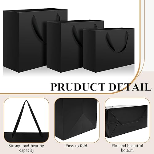 Miniatura 3 de Lincia 60 bolsas de papel negras con asas, tamaños surtidos grandes de 11 pulgadas, medianas de 8 pulgadas, pequeñas 7 pulgadas, bolsas de regalo