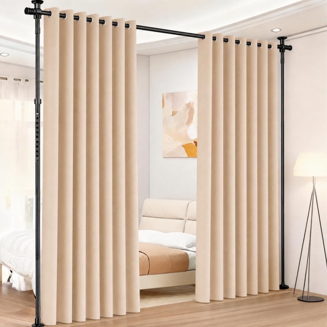 Séparateur de pièce sans perçage, tringle de rideau réglable comme structure de paravent, séparateur d'espace autonome sans rideau, L 70-177 cm x H 122-305 cm, protection des regards pour salon