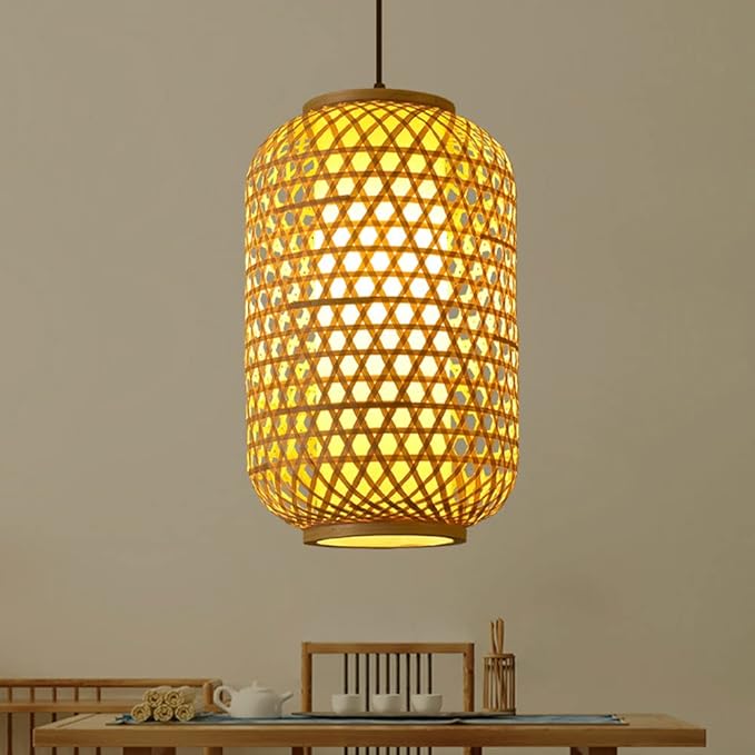HAIIQU 1 St Rieten Kroonluchter Japanse Lamp Voor Thuis- En Winkelinrichting Hanglamp Van Bamboe Met Lampenkap Van Imitatieperkament Geweven Hanglamp Voor Keuken Boerderij Beige (lang Rond) photo 2