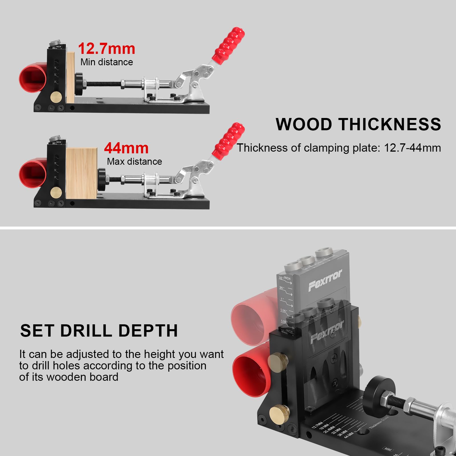 Pocket Hole Jig Set, Aluminium Taschenloch Bohrschablone mit Dreitaschenloch, Staubanschluss, Schrägloch Bohrhilfe für Holzbearbeitung, Heimwerken, Handwerk