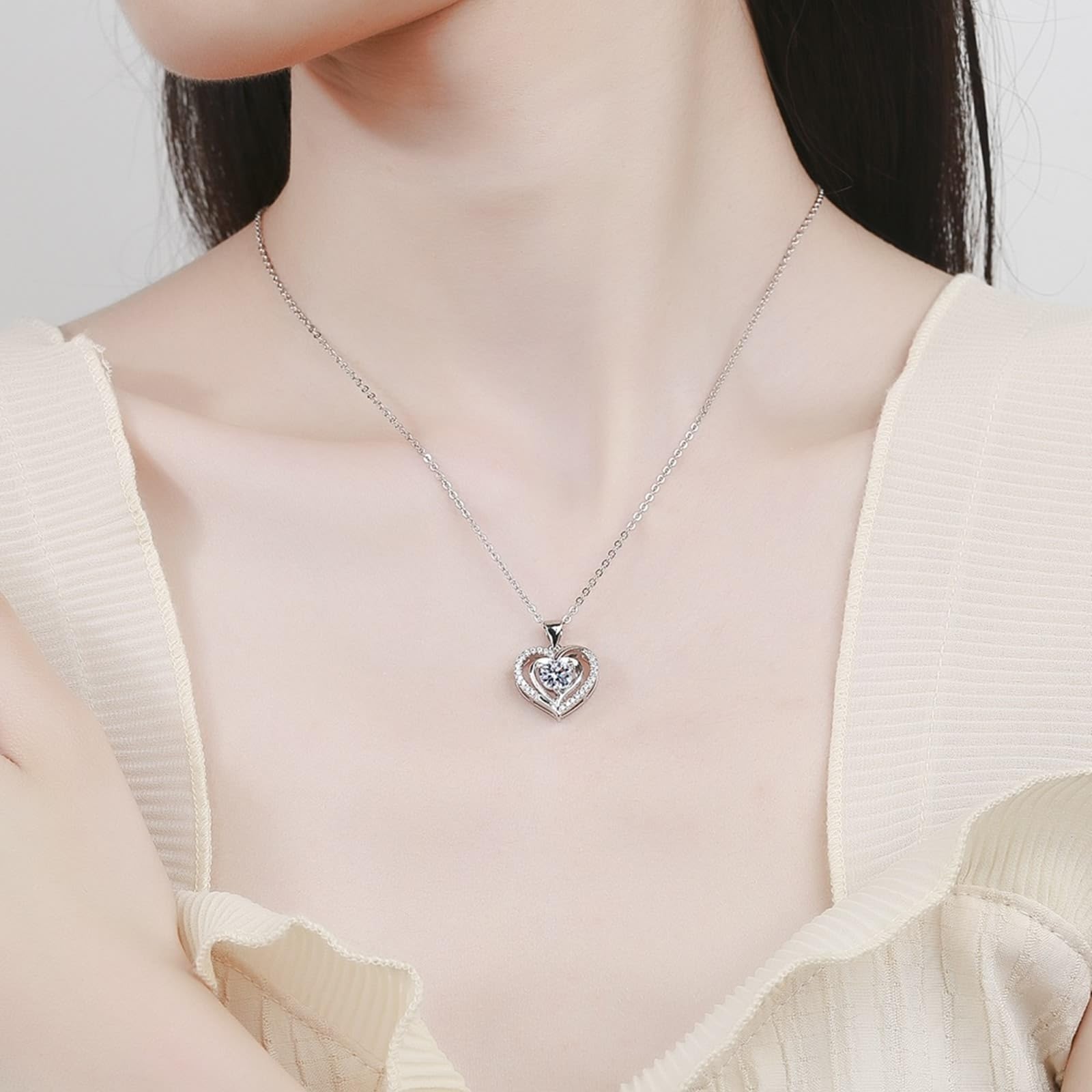 Daesar Collana Donna Oro Bianco 750 18K Vero, Ciondoli Collane Donna Classico Doppio Cuore con Diamante Sintetico Rotondo Oro Bianco, 45CM Lunghezza