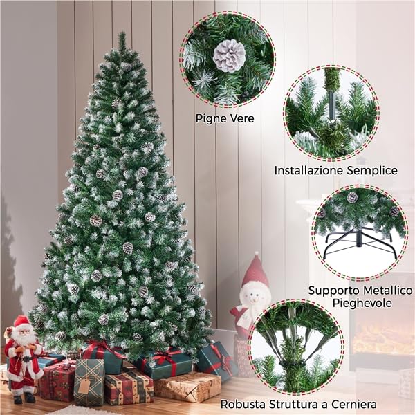 Yaheetech Albero di Natale 183 cm Artificiale Innevato con Pigne 920 Rami Incernierati Effetto Realistico con Supporto Metallo Pieghevole Decorazioni Natalizie