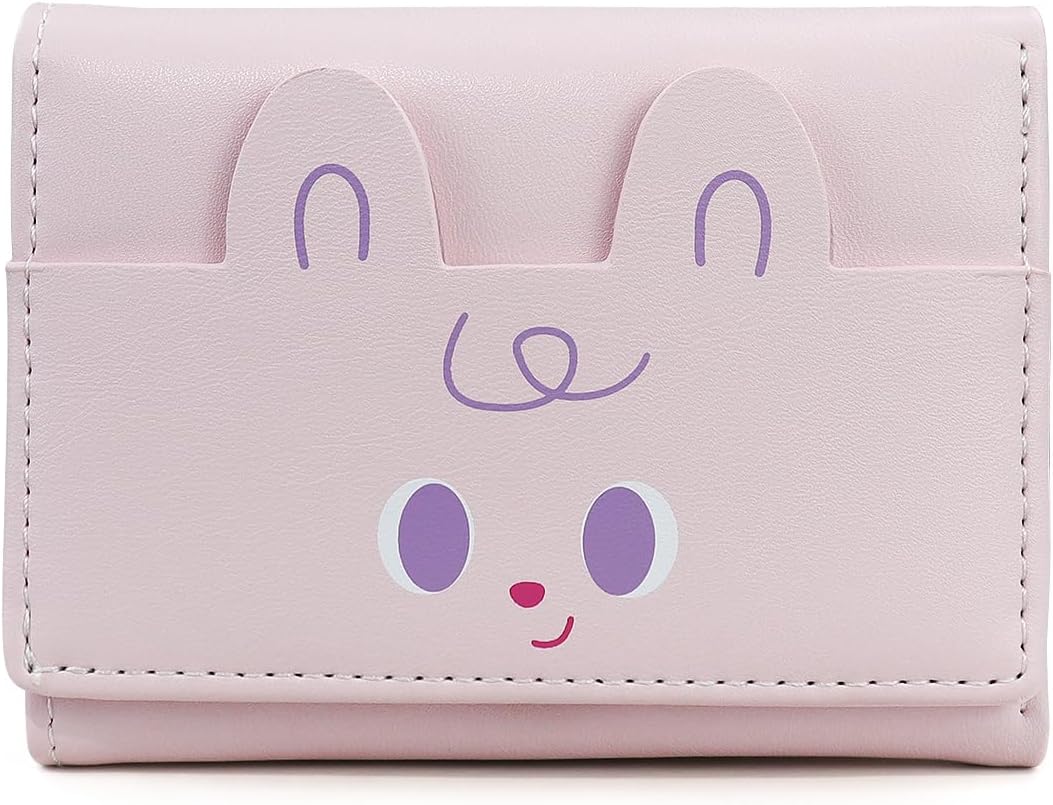 WishLotus Trifold Wallet for Women, Lovely Small Wallet with Cute Smiling, PU Leather Card Holder Wallet for Young Lady (Pink)