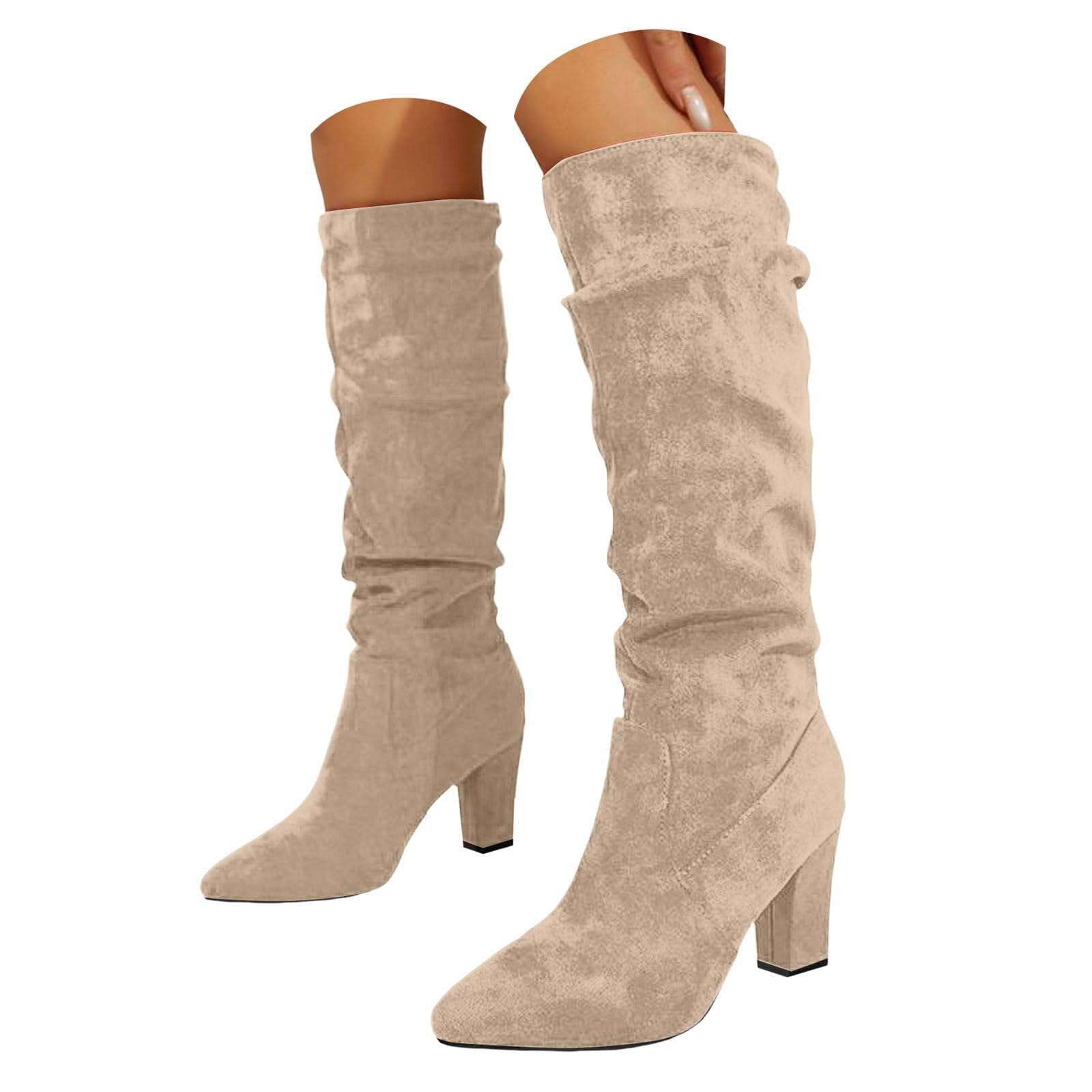 Slouchy Boots for Women 2025 Wide Width Vintage Pointed Toe Chunky Mid Heel Suede Pull On Soft Long