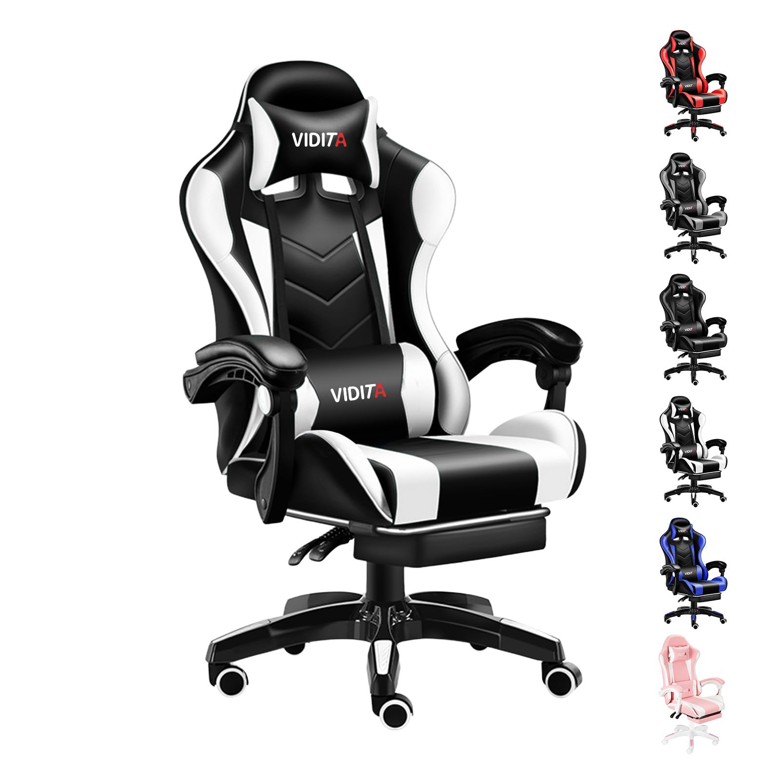 Black & White Gaming Chair with Headrest, Ergonomic High-Back Swivel Desk Chair