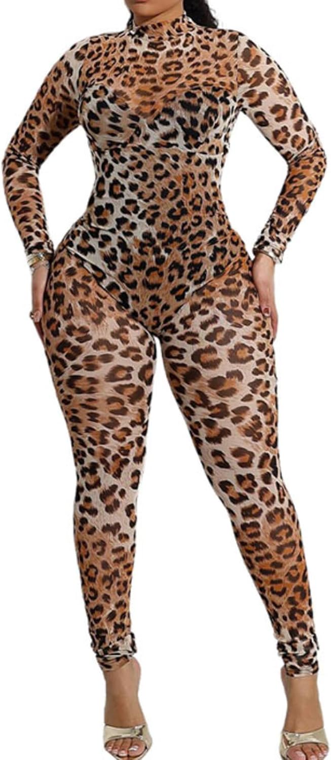 Womens Leopard Print Jumpsuit Long Sleeve High Neck Sexy Top Bodycon Pants Club Party Bodysuit