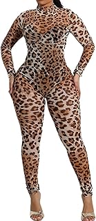 Womens Leopard Print Jumpsuit Long Sleeve High Neck Sexy Top Bodycon Pan...