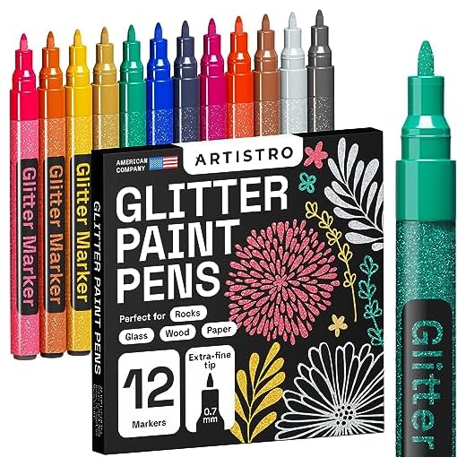 Rotuladores con Purpurina para Pintar Piedras, Cerámica, Cristal, Madera, Tela, Scrapbooking, Manualidades, Tarjetas y Colorear. Set de 12 Rotuladores Brillantes Acrílica con Punta Extrafina de 0.7mm