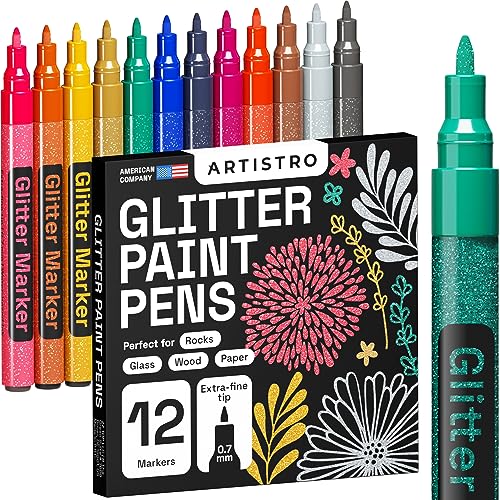 Artistro Feutres à Paillettes Pour Peinture sur Roche, Pierre, Céramique, Verre, Bois, Tissu, Scrapbooking, Bricolage, Cartes, Coloriage. Lot de 12 Marqueurs Acryliques à Pointe Extra-Fine 0,7 mm