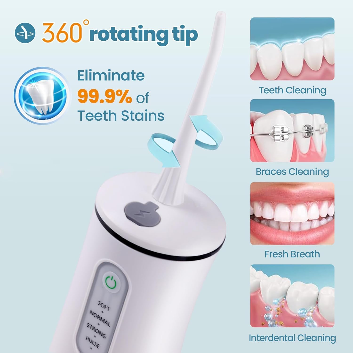 Idropulsore per la pulizia dei denti, irrigatore orale senza fili, pulitore dentale elettrico con 4 modalità e 8 ugelli spray, impermeabile IPX7, portatile e ricaricabile per casa e viaggi, bianco