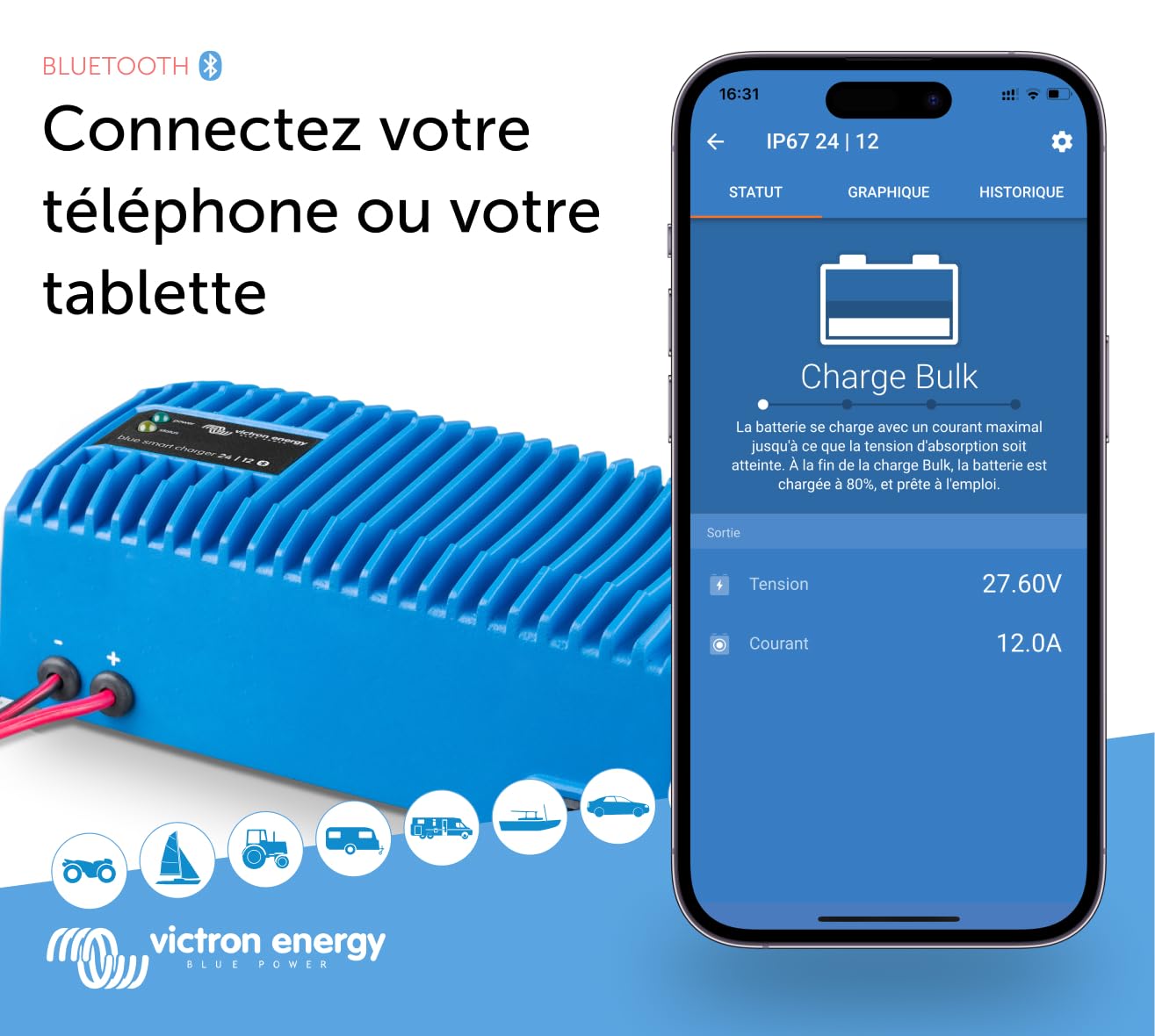 Victron Energy Blue Smart IP67 24-Volts 12 ampères 230V Chargeur de Batterie, Bluetooth (CEE 7/7)