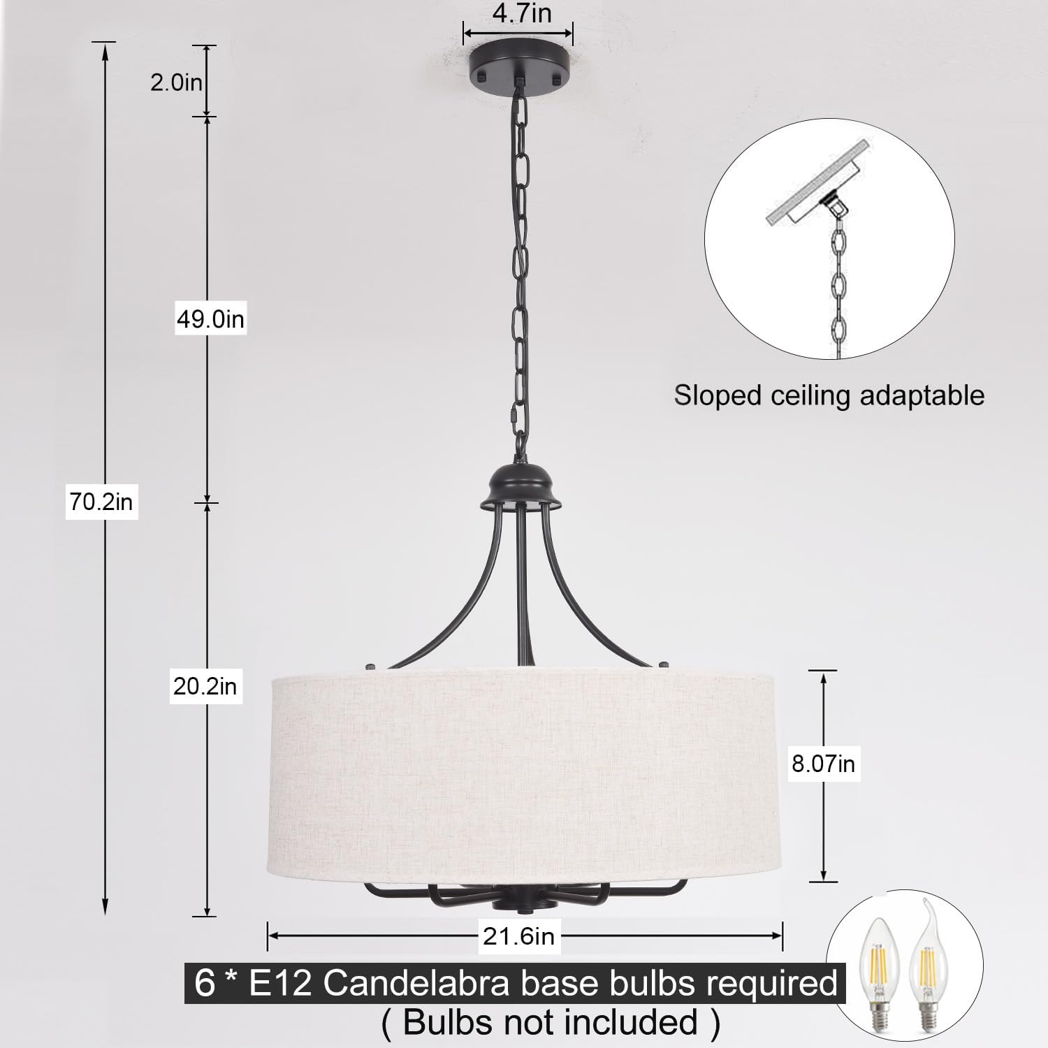 21.65" Drum Chandeliers 6-Light Modern Farmhouse Chandelier Black Pendant Light Fixture with Linen Fabric Shade Height Adjustable Ceiling Hanging Lights for Foyer Entryway