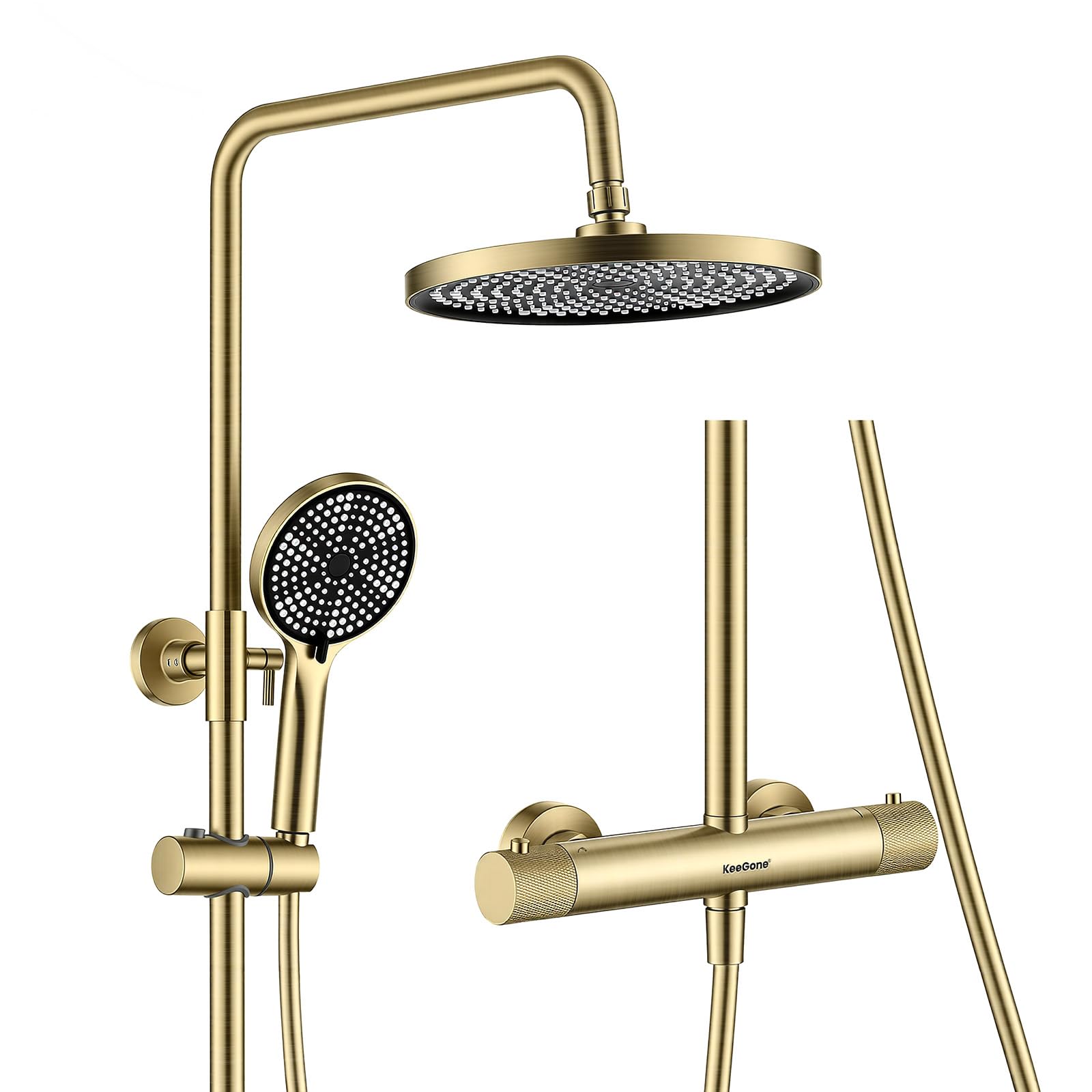 Sistema de ducha completo con termostato para rociador de lluvia de 25 cm y teleducha de 3 chorros Termostato con mando giratorio antideslizante y protección antiescaldaduras