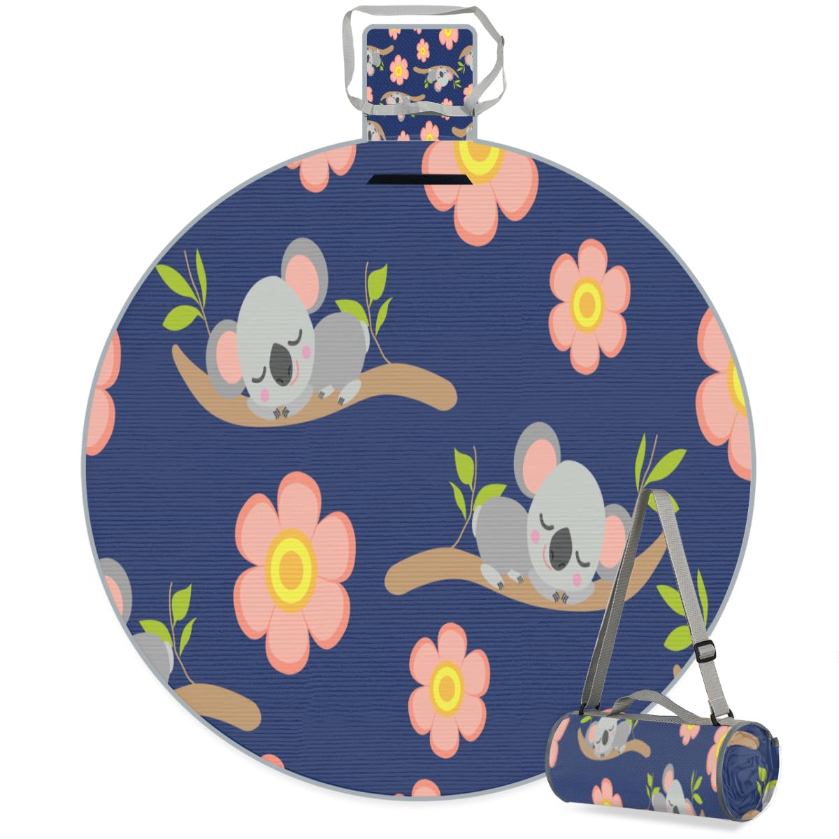 Shimoshe Cute Cartoon Koala Picnic Outdoor Blanket Foldable Waterproof Sandproof Beach Blanket Portable Water-Resistant Round Picnic Mat for Travel Camping Park Lawn