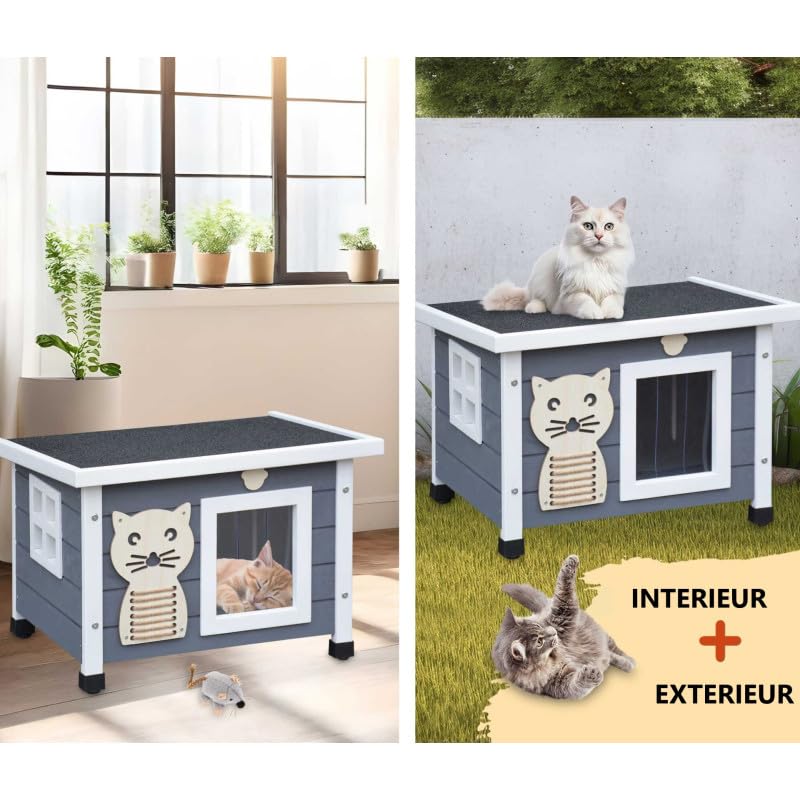 Maison pour Chat Niche avec Toit Pliable pour Exterieur et Interieur 53x45x43cm Filix Gris