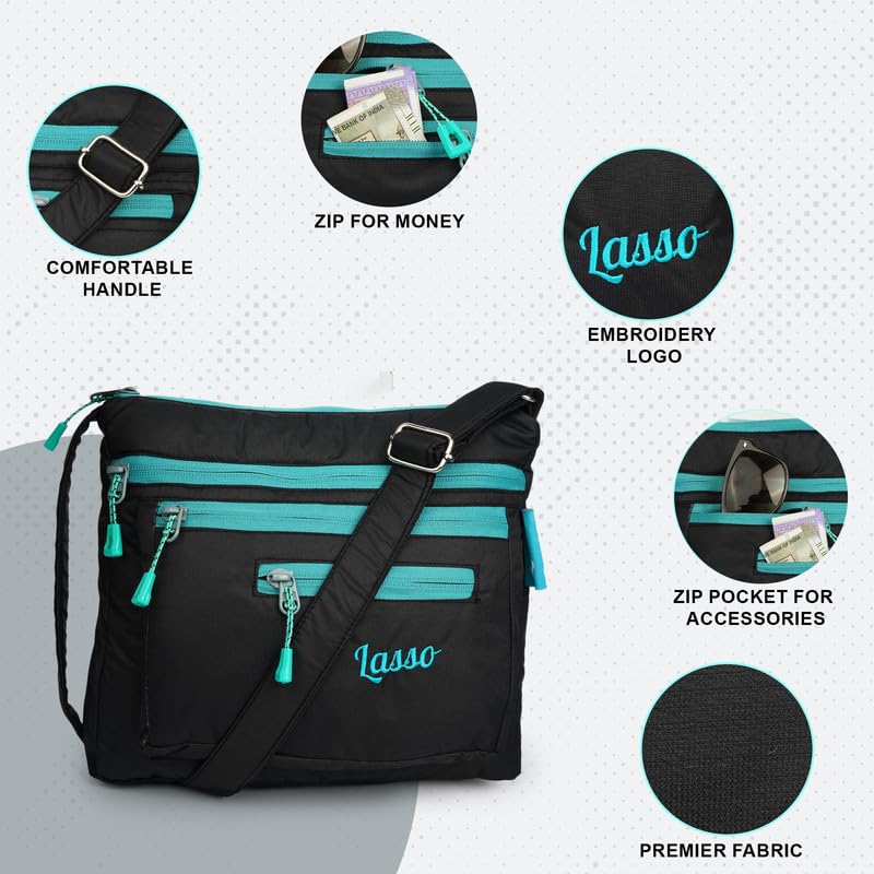 Image of Lasso Stylish Multi-Pocket Crossbody Waterproof Sling Bag For Women with Adjustable Strap | Stylish Ladies one side bag and purse for women & girls | 5 L Capacity & 5 Multiple Pockets with Zip