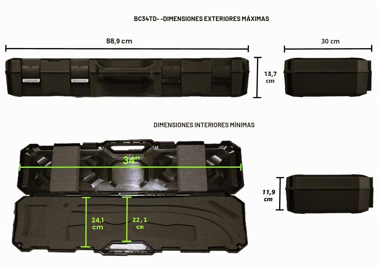 MTM BC34TD Takedown - Estuche para arco recurvo, almacenamiento con cerradura, funda rígida aprobada por aerolíneas, sostiene 16 flechas, para un objetivo o configuración de arco de caza, fabricado en