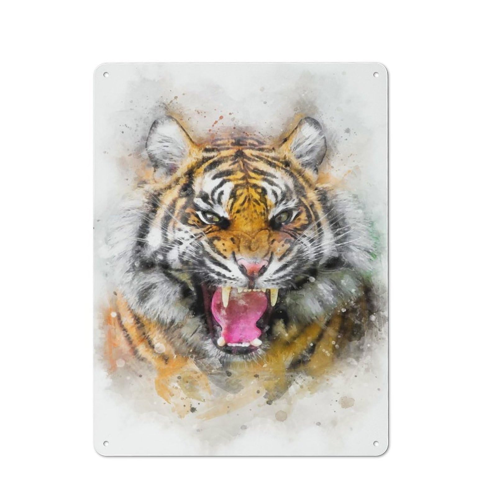 Industrial Tin Wall Sign 40x30cm Featuring Tiger Watercolor, Urban Room Decor for Workspace, Cafe, Hallway Or Garage