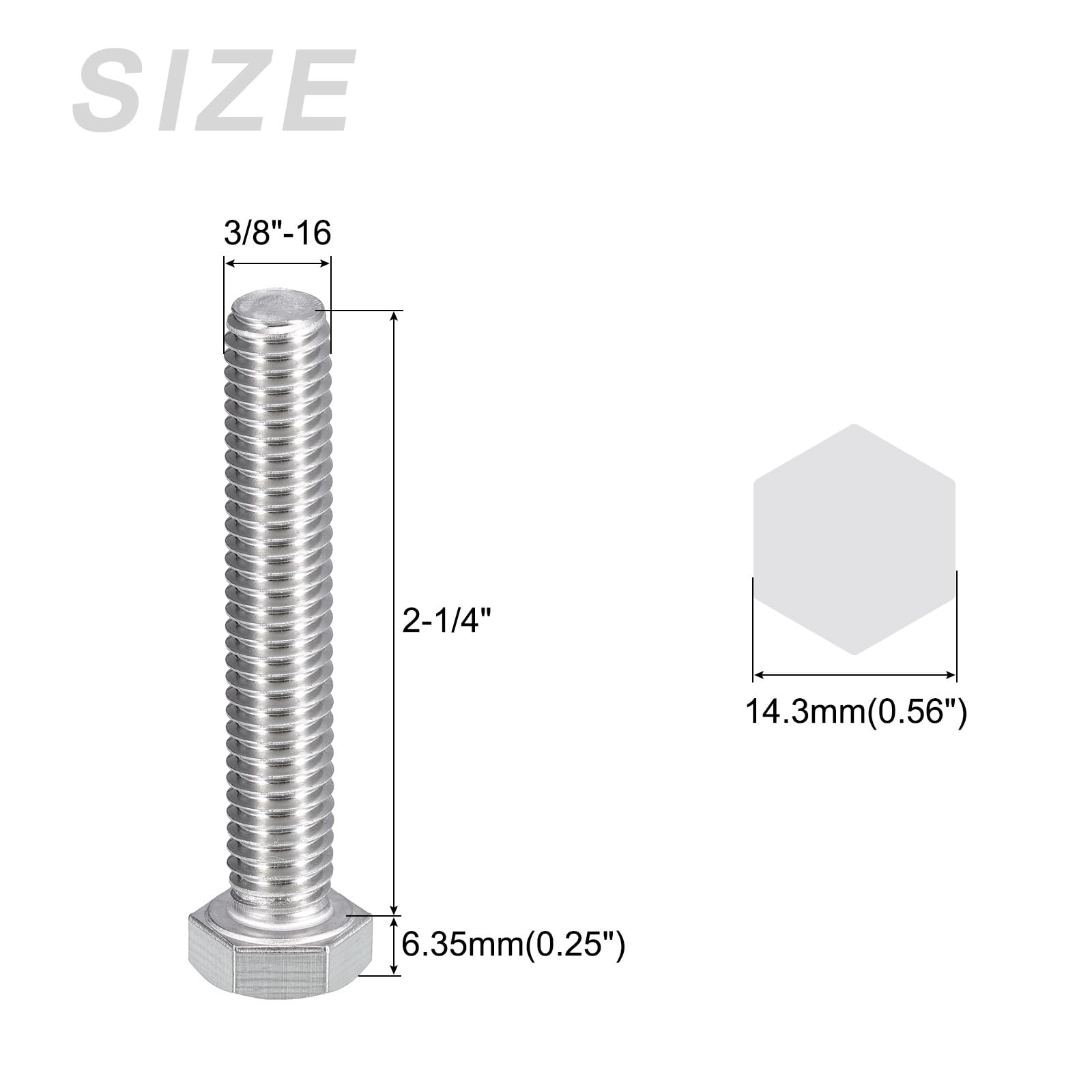 METALLIXITY Hex Head Bolts (3/8-16 x 2-1/4") 5Pcs, 304 Stainless Steel 18-8, Fully Threaded, External Hex Drive, Plain Finish - Image 2